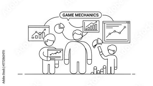 Game mechanics concept with people analyzing data