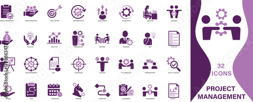 Professional flat vector icons representing project management, teamwork, workflow, and time management. Perfect for business, corporate, and productivity design projects.