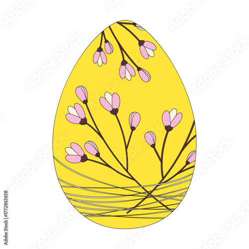 Painted Easter Eggs Decorated Blossom Twigs and Thread Easter Greetings Minimalistic Design Element