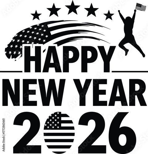 New, Year, 2026, Happy, America, Flag, Stars, Celebration, Patriotic, Typography, Vector, Cad, Drawing, Design, Illustration, Silhouette, Decorative, Icon, Bold, Festive