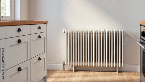 Wallpaper Mural Close-up of a modern white radiator in a cozy kitchen, soft daylight and clean minimal interior emphasize warmth, home heating, and energy efficiency Torontodigital.ca