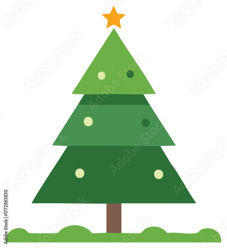Geometric Christmas tree with ornaments and star topper flat design icon
