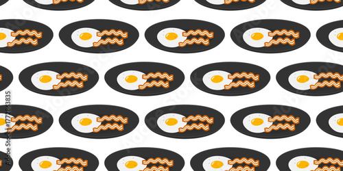 Bacon Stripes and Fried Egg with Yolk and spices in Black Plate Seamless Pattern Banner Flat design