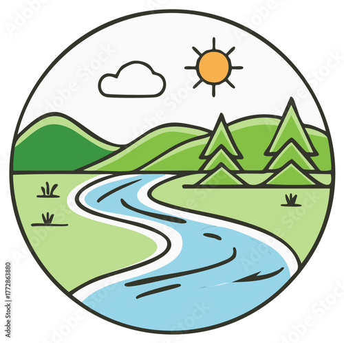 Simple cartoon landscape in a circle with a winding river, green hills, and a bright sun