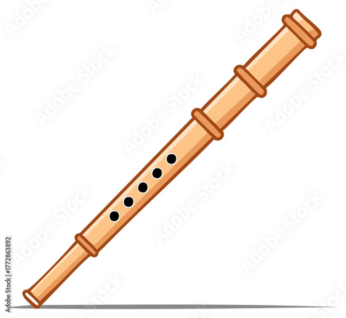 Illustration of a light-colored wooden flute with six finger holes for classical musical performance