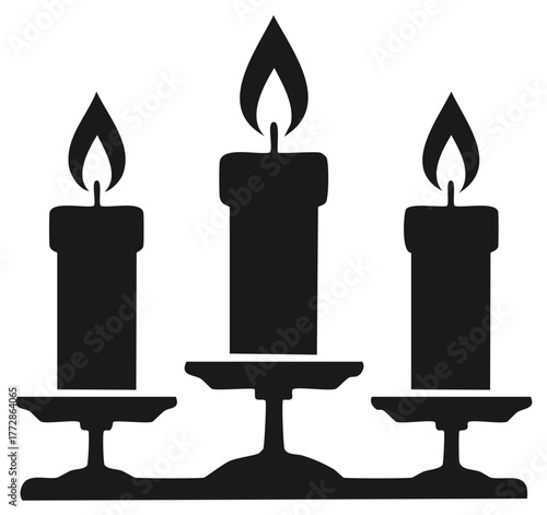 Candelabra with three candles. Holiday or memorial celebration. Silhouette candelabrum with flames.