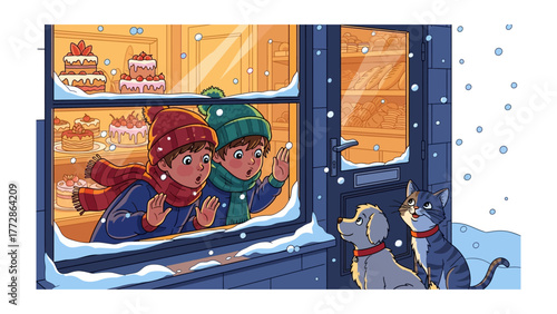 Sweet Treats and Winter Wonders: Two children and two pets, bundled in warm winter attire, gaze in wonder at a shop window filled with delectable cakes on a snowy winter's eve.