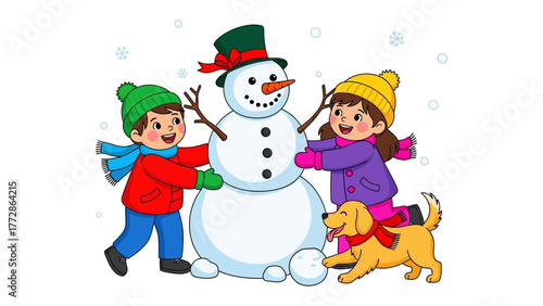 Joyful Winter Moment: Two children and their furry companion delight in the creation of a snowman on a crisp winter day, showcasing the warmth of winter activities.