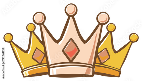 Three decorative crowns with diamond accents arranged closely together, cartoon style rendering featuring golden and rose gold tones