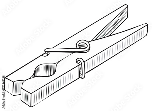 Classic wooden clothespin black and white line art illustration sketch