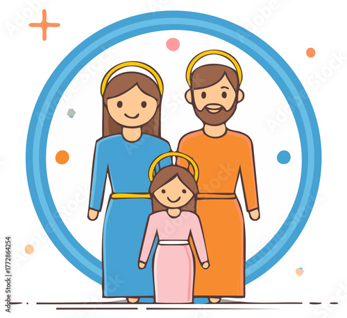 Cute Holy Family Illustration of Religious Scene with Man Woman and Child Figure
