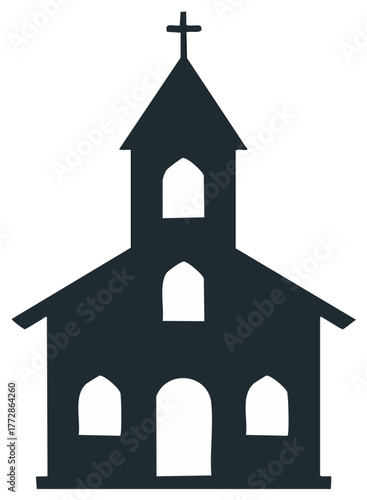 Silhouette of a traditional church building with a cross atop the spire, evoking faith and community