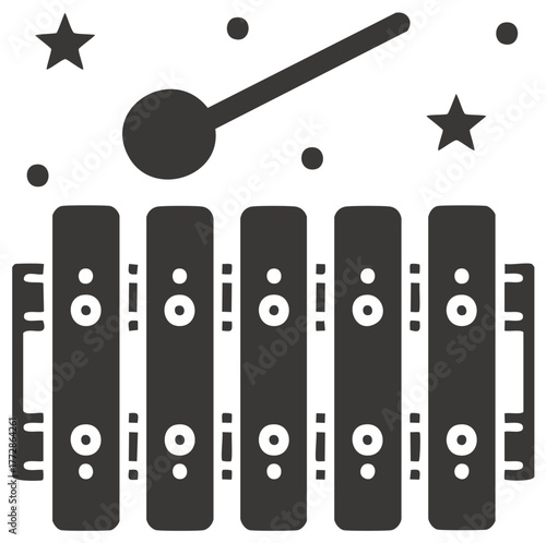 Stylized xylophone with mallet ready to make music in monochrome vector format for use in different designs.