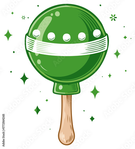 Green cartoon maraca with wooden handle for music and celebration