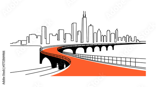 City Skyline Road: A modern artistic depiction of a road leading towards a vibrant city skyline, capturing the essence of urban development and infrastructure.