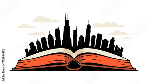 Open Book of City Stories: The silhouette of a cityscape rises dramatically from an open book, symbolizing the unfolding narratives within urban life. A unique visual metaphor for stories and travel