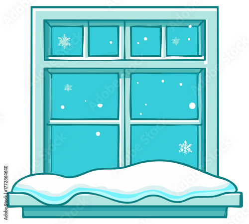 Illustrative winter window covered in snow with falling snowflakes and a snowy sill