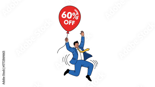 Sale Celebration: An enthusiastic person leaps with joy, clutching a balloon proclaiming a significant discount, symbolizing excitement and savings.