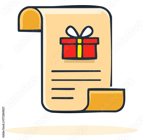 Doodle style festive wishlist for Christmas or a birthday presents, illustration scroll with gift box icon