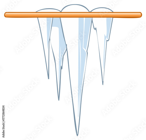 Cartoon illustration of ice crystals hanging from a wooden beam, winter season