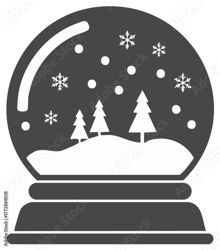 Snow Globe Icon with Snowflakes, Trees, Snow-covered Hill - Winter Holiday Graphic
