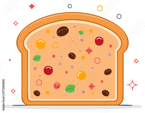 Creative flat vector illustration of toast with coffee beans, shiny berries, and colorful sprinkles