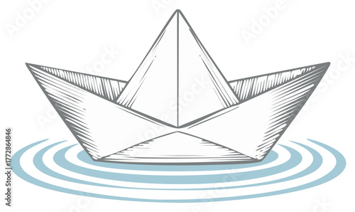 Origami paper boat sailing on water with ripples vector sketch illustration