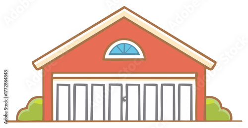 Simple illustration of a red residential garage with an arched window and white door