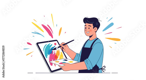 An Artist Creates Digital Paintings With A Stylus And Palette Displaying Colorful Creations