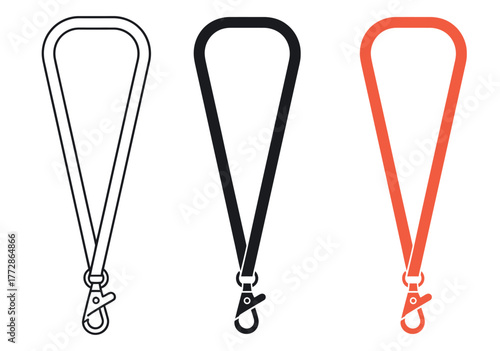 Versatile Webbing Lanyard Strap Icon Set Vector. Essential graphics for ID Badges, Security Passes, Neck Straps, Corporate Branding, and Event Accessories concepts.