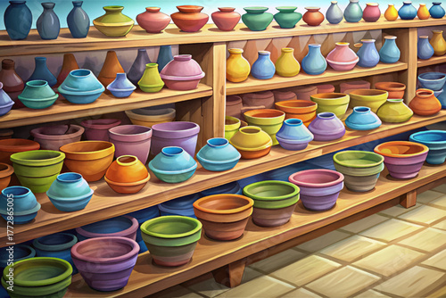Rows of colorful finished pottery pieces drying on wooden shelves in sunlight