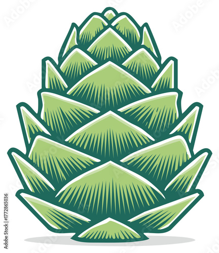 Bold graphic illustration of a green artichoke or hop cone with retro linework