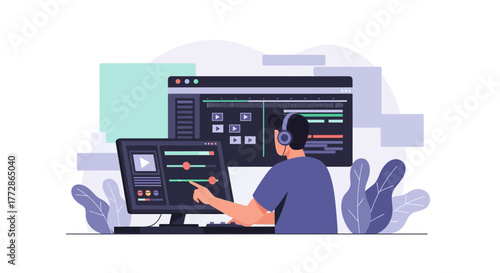 Animator Working On A Video Project And Using Software On A Monitor Screen To Edit