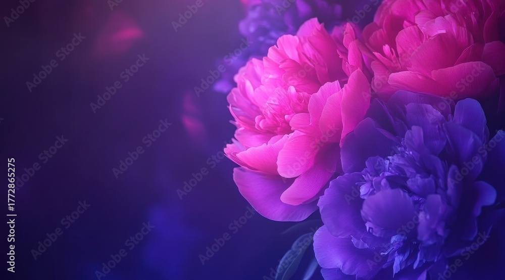Obraz premium Dreamy floral composition with pink and purple peonies on dark background