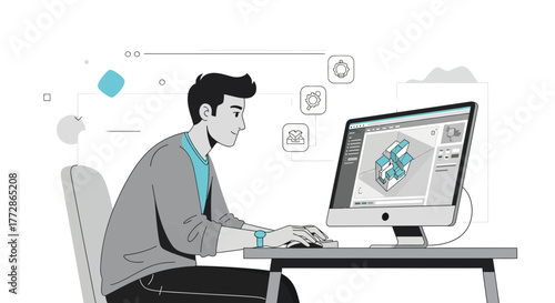 Architectural Design Illustrative Depiction: Modern Professional at Work, Using Digital Tools
