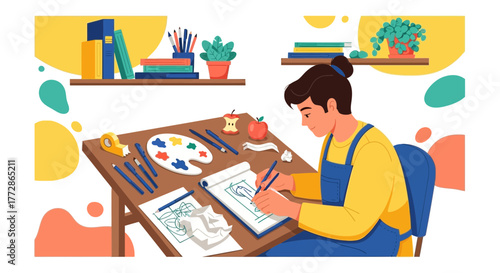 Artist at Work: Sketching and Creative Process Depicted in Colorful Illustration