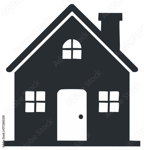 Simple house icon with chimney, windows, and front door, representing home, shelter, and family living in a minimalistic style