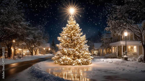 Magical Winter Night With a Glowing Christmas Tree in a Snowy Village Setting