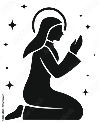 Praying Woman Illustration with Halo and Stars in the Night Sky, Religious Symbol, Silhouette Graphic