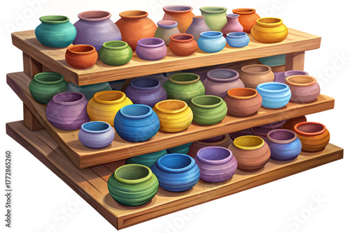 Rows of colorful finished pottery pieces drying on wooden shelves in sunlight