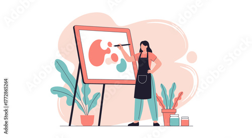 Artist Paints Abstract Forms on Canvas with Plants and Jars in Modern Flat Illustration