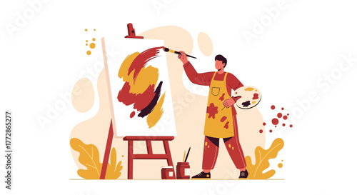 Artist Painting Abstract Artwork On Canvas With Brush And Palette In Modern Style