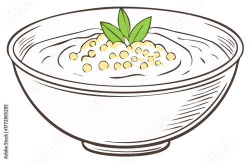 Bowl of healthy porridge or creamy soup with grains and herb garnish line art illustration