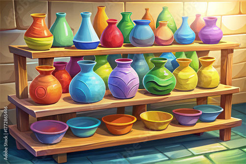 Rows of colorful finished pottery pieces drying on wooden shelves in sunlight