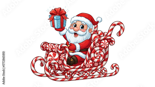 Santa's Christmas Delight: A jolly figure of Santa Claus, beaming with festive cheer, rides in a sleigh laden with candies, holding a beautifully wrapped gift, embodying the spirit of Christmas.