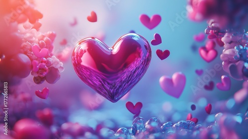 Close-up: Metallic Magenta Heart Floating in Vibrant Blue Fantasy, Dramatic 3D Render