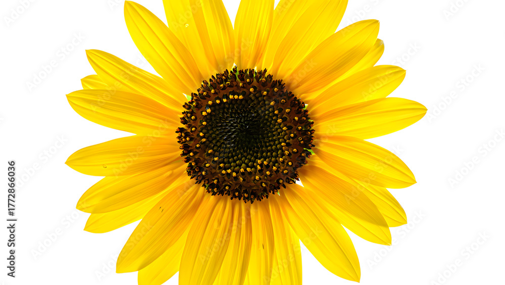 Fototapeta premium Vibrant Yellow Sunflower Head Displays Rich Details of Petals and Center on a Transparent Background, a Striking and Radiant Transparent Image