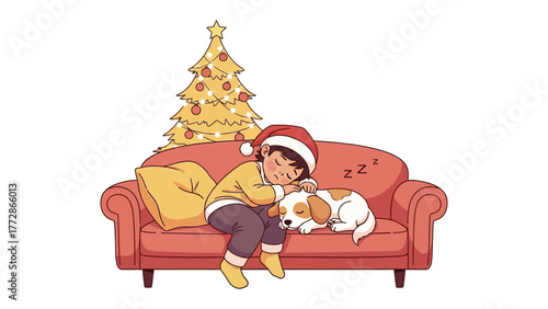 Winter Nap: A young person and a small dog enjoying a cozy nap on a comfy sofa by a christmas tree, surrounded by the warmth of the season.