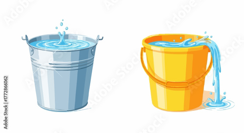 Water Buckets Conceptual Illustrations of Overflowing and Spilled Water for Design and Projects