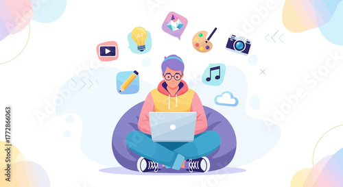 Creative Digital Artisan: A Young Professional Designing Concepts at Home on the Laptop